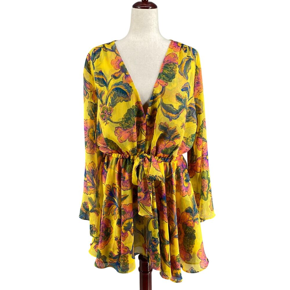 Misa Kaia Floral Chiffon Mini Dress Womens L Canary Yellow Anthropologie Revolve